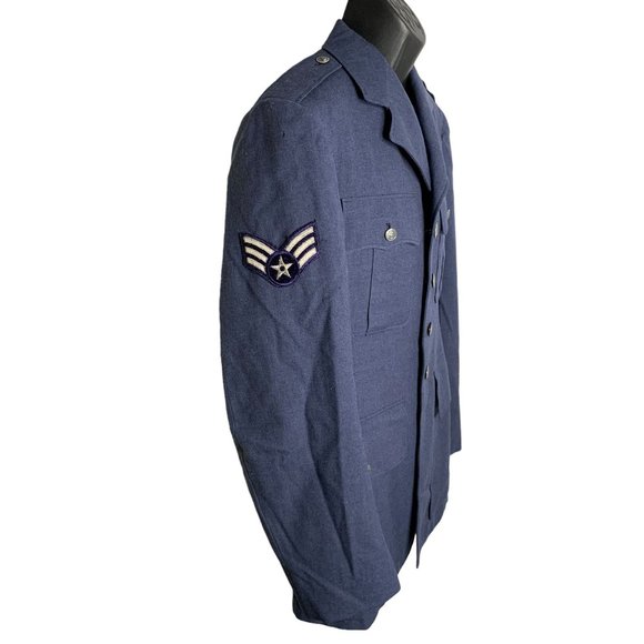 Vintage 50s US Air Force Wool Coat 40L Serge Blue Lined Buttons Pockets Patches - Picture 4 of 16